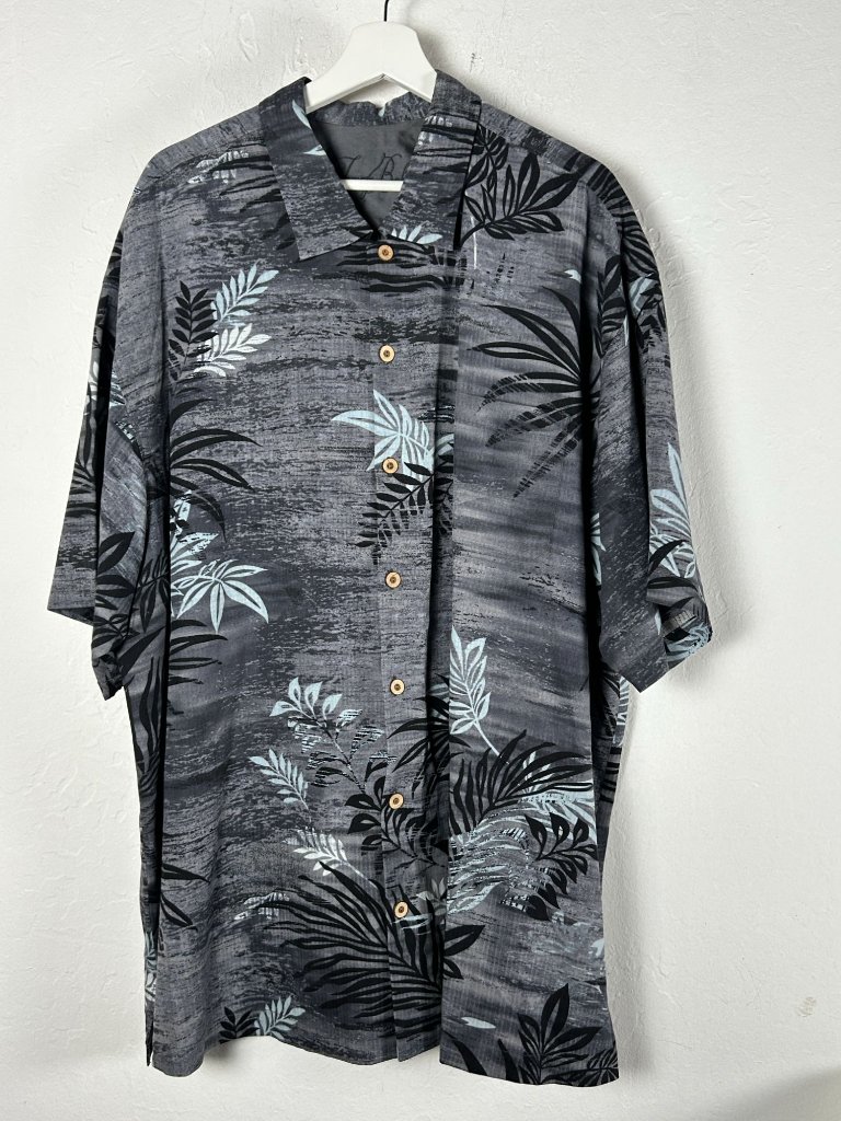 Tommy Bahama Mens Hawaiian Button-Up Silk Camp Shirt Xxl Black Gray Palm Leaf